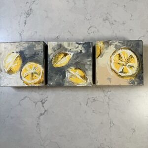 3 Original Acrylic Lemon Still Life Canvas Paintings 4x4x1.5  Kitchen Wall Art
